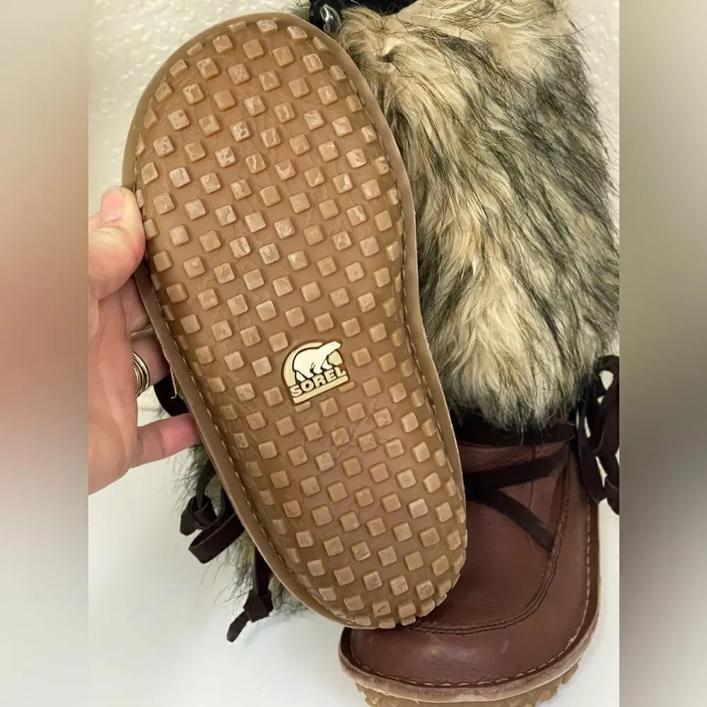 SOREL-Ahnah Faux Fur Brown Leather Boots 5.5. NWT